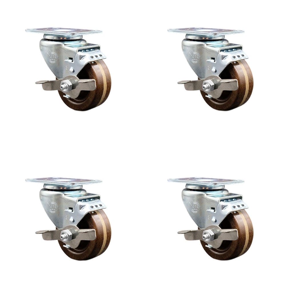 High Temperature Swivel Caster with Brakes 3 in. High Temperature Phenolic Wheel with Roller Bearing 4 x 4.5 in. Overall Top Plate - Set of 4