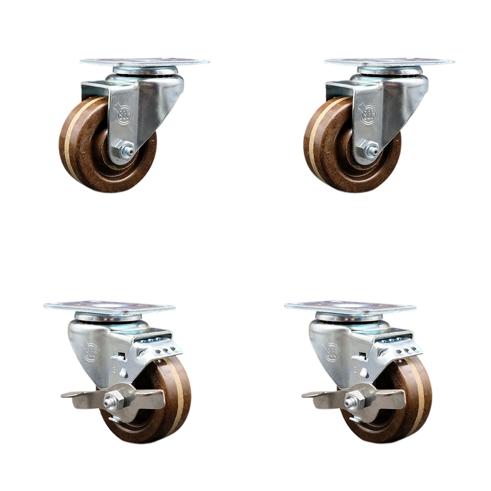 High Temperature Swivel Caster with 2 Brakes 3 in. High Temperature Phenolic Wheel with Roller Bearing 4 x 4.5 in. Overall Top Plate - Set of 4