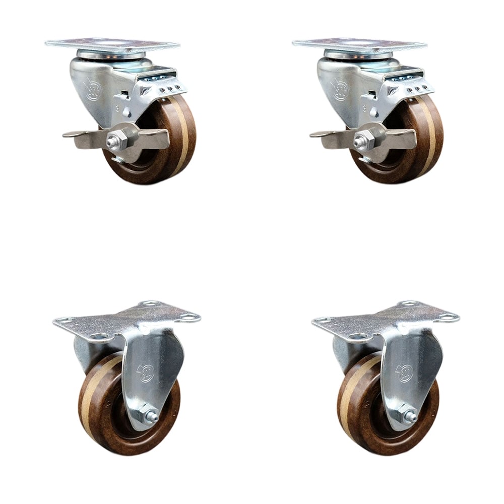 High Temperature Caster with 2 Brakes & 2 Rigid 3 in. High Temperature Phenolic Wheel with Roller Bearing 4 x 4.5 in. Overall Top Plate - Set of 4