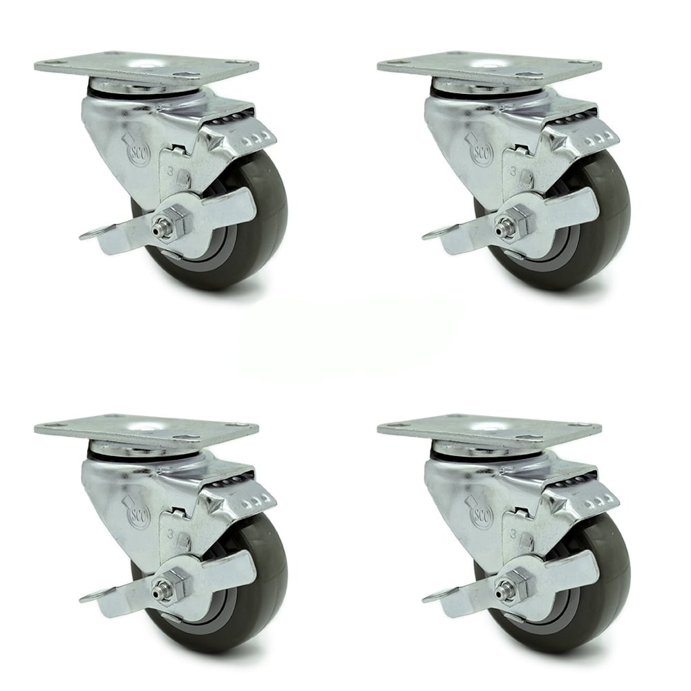 SCC-20S314-PPUB-TLB-TP2-4 Swivel Caster with Brakes & 3 in. Gray Polyurethane Wheel 3.13 x 4.13 in. Overall Top Plate - Set of 4
