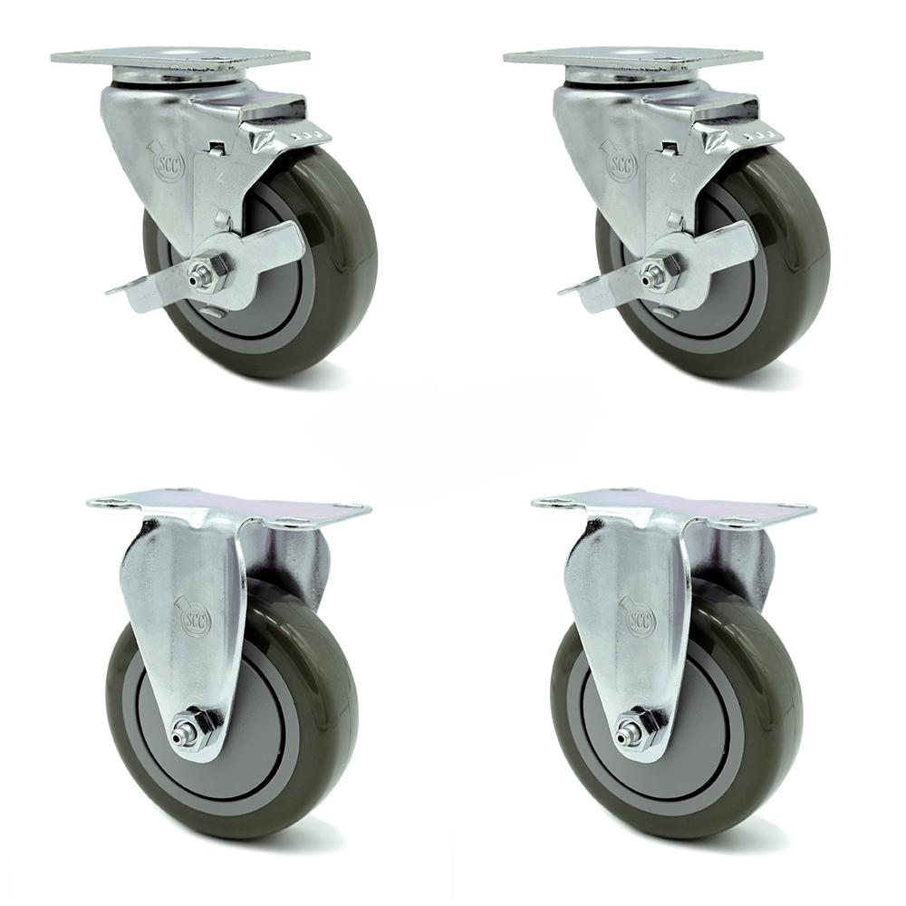 SCC-20S414-PPUB-TLB-TP3-2-R-2 Swivel Caster with 2 Brakes & 2 Rigid 4 in. Gray Polyurethane Wheel 4 x 4.5 in. Overall Top Plate - Set of 4