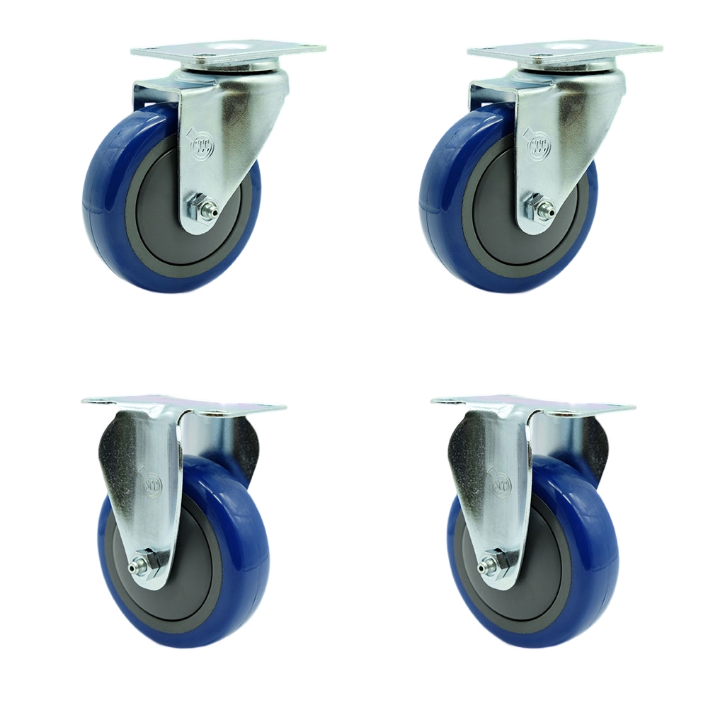 SCC-20S414-PPUB-BLUE-TP3-2-R-2 Swivel Caster with 2 Rigid Casters 4 in. Blue Polyurethane Wheel 4 x 4.5 in. Overall Top Plate - Set of 4