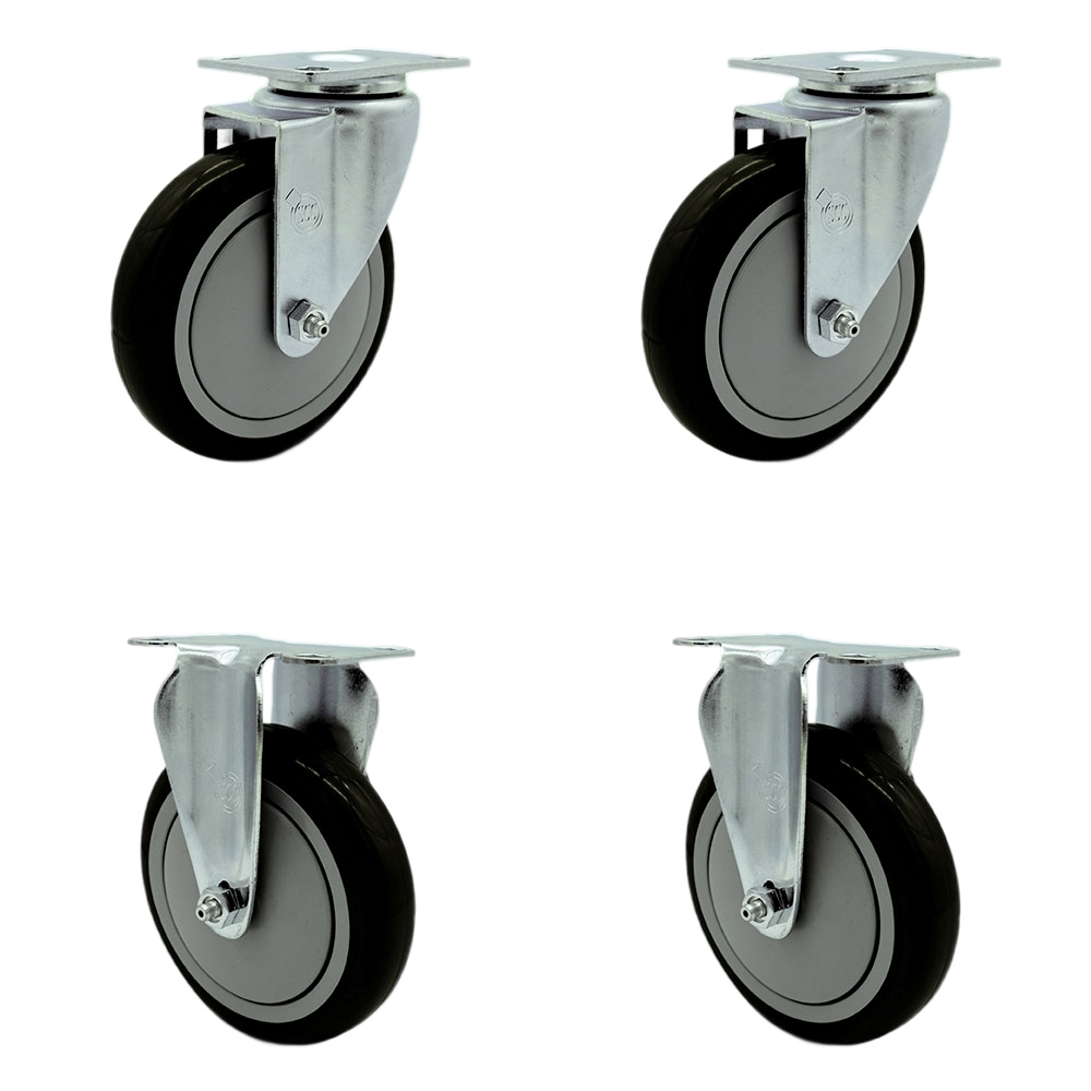 SCC-20S514-PPUB-BLK-TP3-2-R-2 Swivel Caster with 2 Rigid Casters 5 in. Black Polyurethane Wheel 4 x 4.5 in. Overall Top Plate - Set of 4