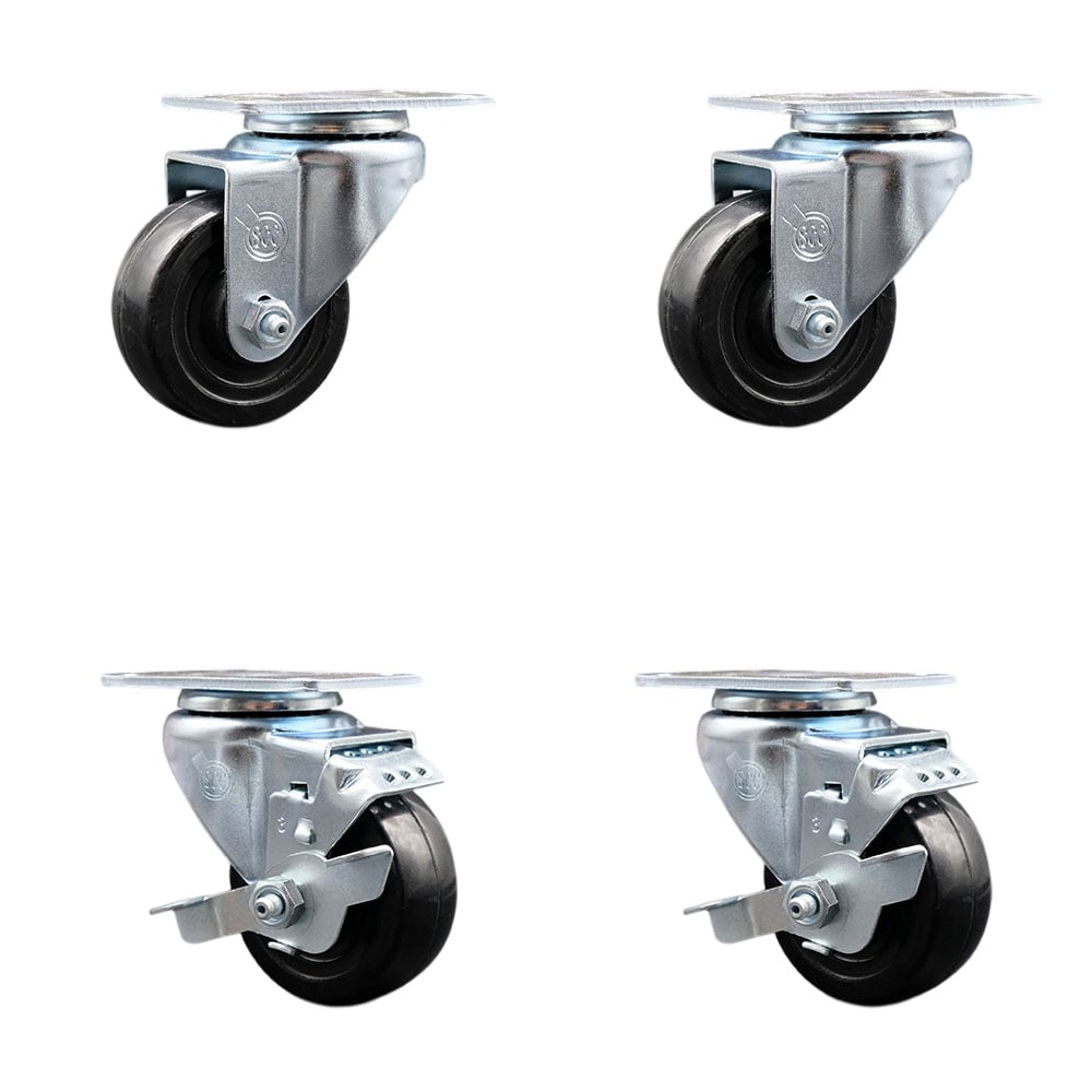 SCC-20S314-HRS-TP2-2-TLB-2 Swivel Caster with 2 Brakes 3 in. Hard Rubber Wheel 3.13 x 4.13 in. Overall Top Plate - Set of 4