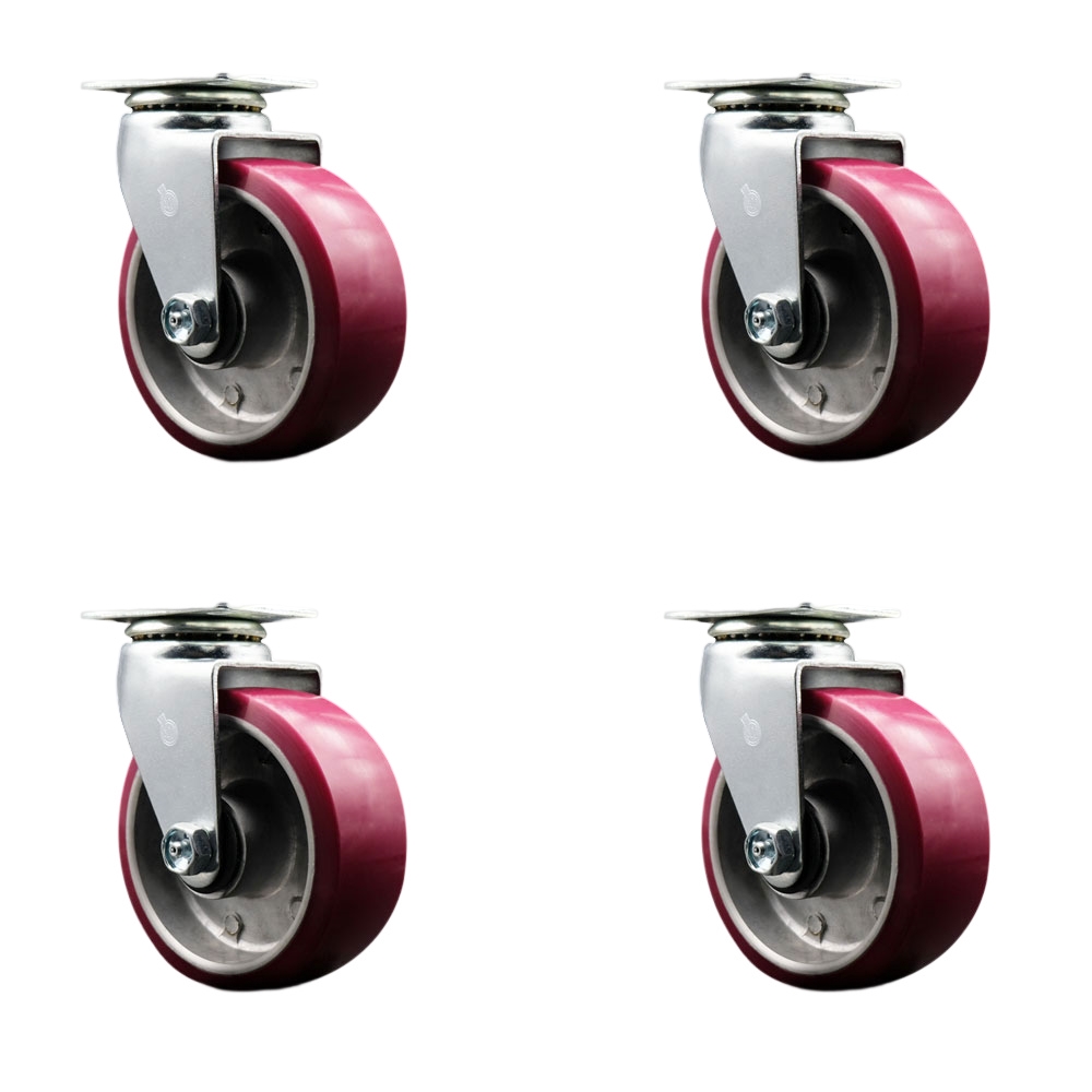 SCC-20S520-PAR-4 Swivel Top Plate Caster Set Maroon 5 in. by 2 in. Polyurethane on Aluminum Wheel Roller Bearing