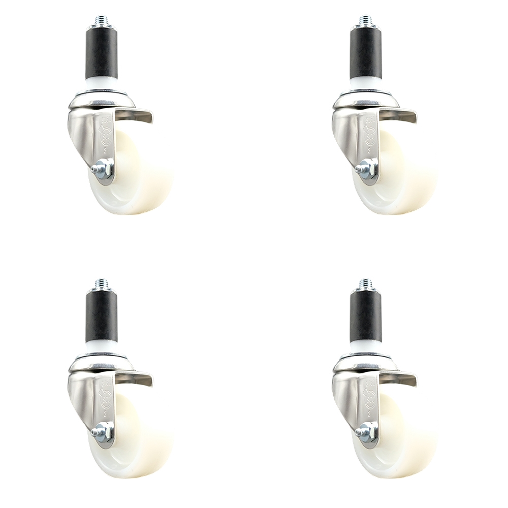 Nylon Swivel Stem Caster with 3 in. White Caster Wheels, 1.38 in. Expanding Stems - 316 Stainless Steel Casters - Set of 4