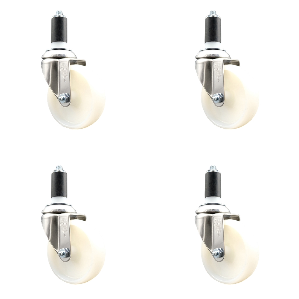Nylon Swivel Stem Caster with 4 in. White Caster Wheels, 1.38 in. Expanding Stems - 316 Stainless Steel Casters - Set of 4