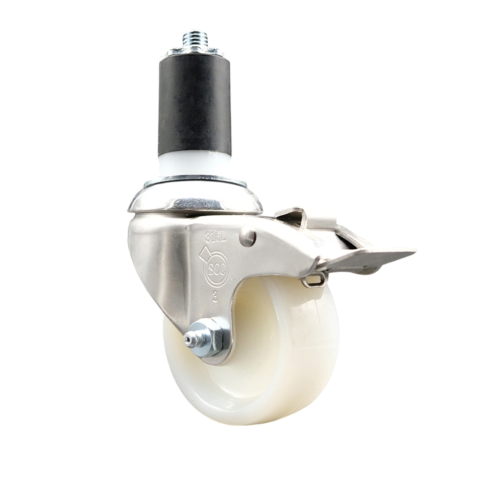 Nylon Swivel Stem Caster with 3 in. White Caster Wheel & Total Lock Brake, 1.5 in. Expanding Stem - 316 Stainless Steel Caster
