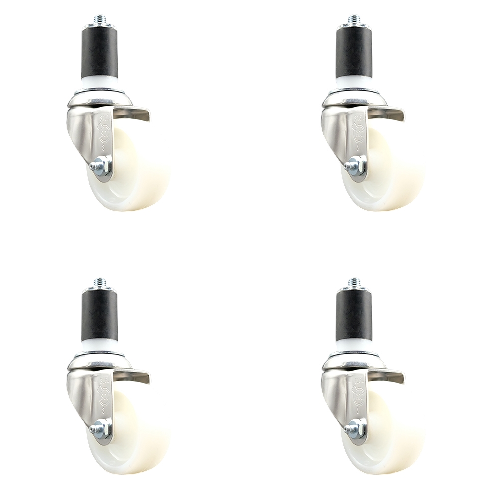 Nylon Swivel Stem Caster with 3 in. White Caster Wheels, 1.5 in. Expanding Stems - 316 Stainless Steel Casters - Set of 4