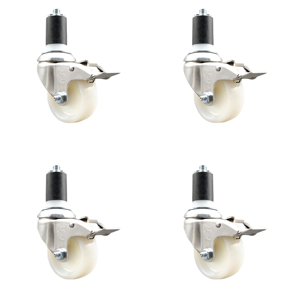 Nylon Swivel Stem Caster with 3 in. Caster Wheels, 1.63 in. Expanding Stems - 316 Stainless Steel Casters - Set of 4