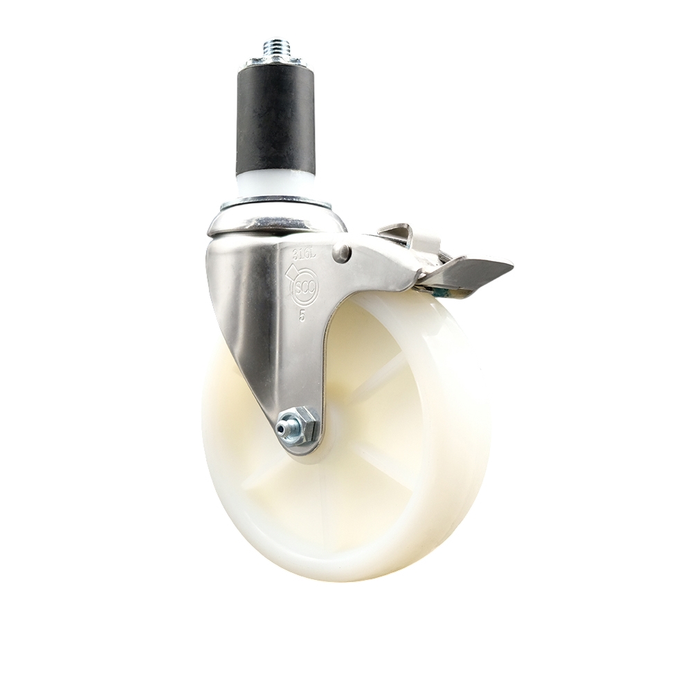 Nylon Swivel Stem Caster with 5 in. White Caster Wheel & Total Lock Brake, 1.63 in. Expanding Stem - 316 Stainless Steel Caster