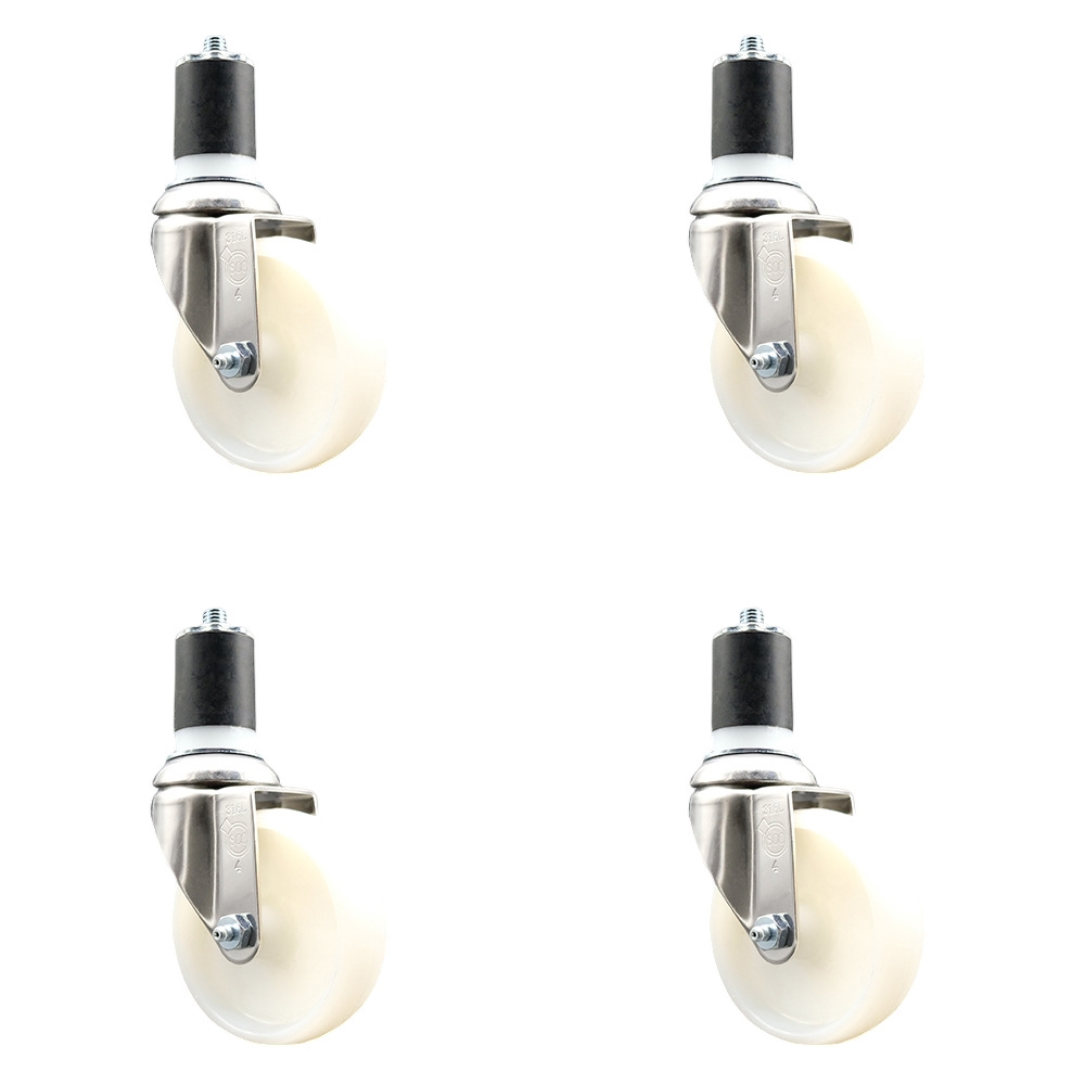 Nylon Swivel Stem Caster with 4 in. White Caster Wheels, 1.87 in. Expanding Stems - 316 Stainless Steel Casters - Set of 4