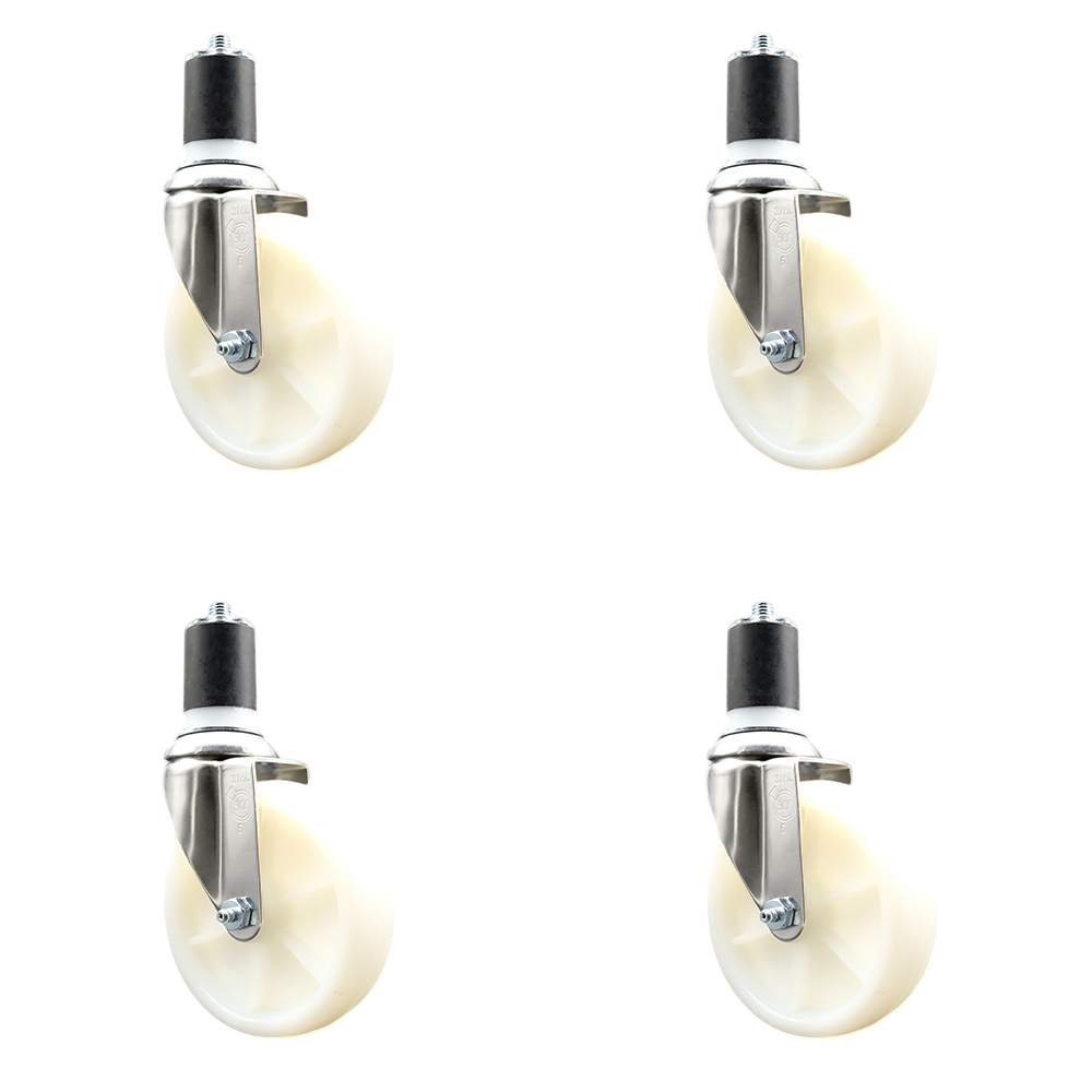 Nylon Swivel Stem Caster with 5 in. White Caster Wheels, 1.87 in. Expanding Stems - 316 Stainless Steel Casters - Set of 4