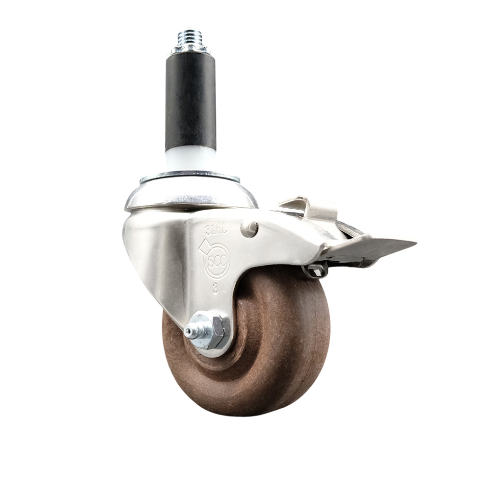 High Temperature Glass Filled Nylon Swivel Stem Caster with 3.5 in. Brown Caster Wheel & Total Lock Brake, 1.13 in. Expanding Stem