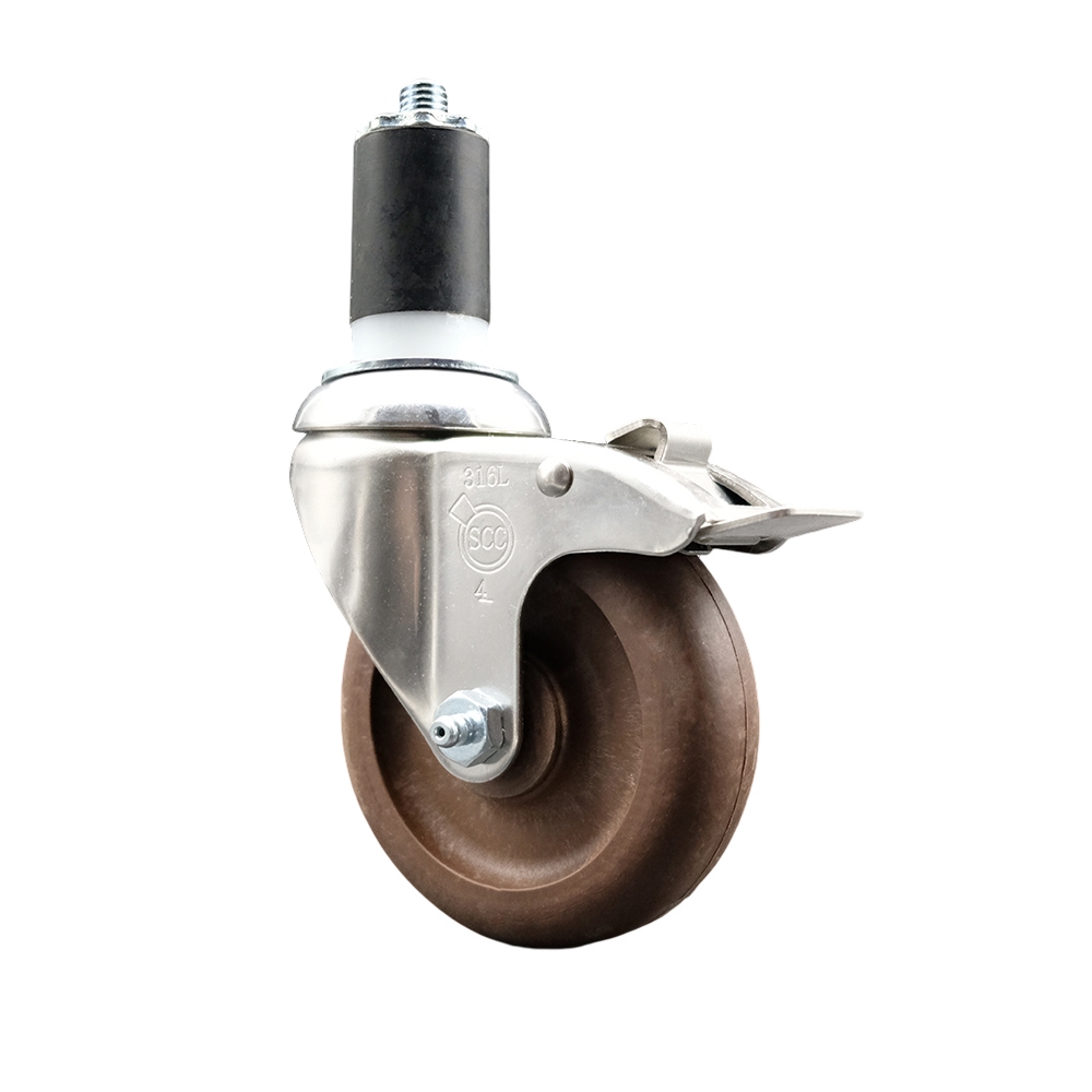 High Temperature Glass Filled Nylon Swivel Stem Caster with 4 in. Brown Caster Wheel & Total Lock Brake, 1.5 in. Expanding Stem