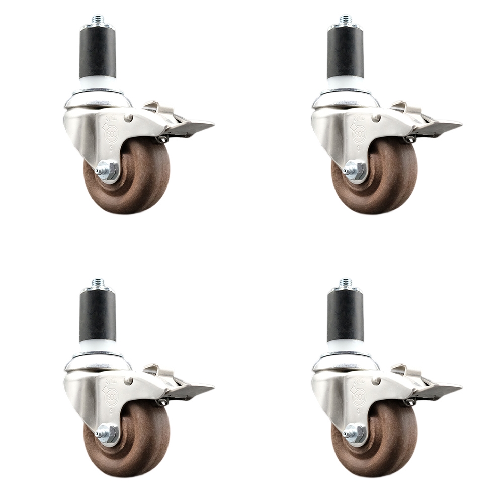 High Temperature Glass Filled Nylon Swivel Stem Caster with 3 in. Caster Wheel, 1.63 in. Expanding Stem - 316 Stainless Steel Caster - Set of 4