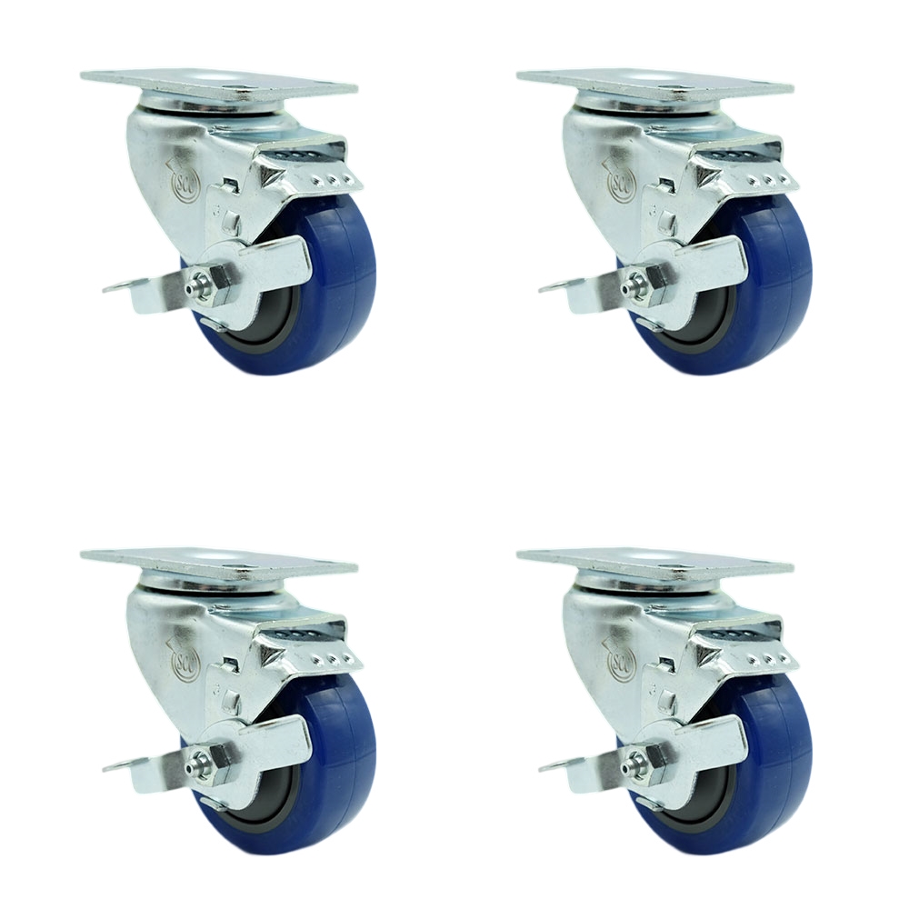 SCC-20S3514-PPUB-BLUE-TLB-TP3-4 Swivel Caster with Brakes & 3.5 in. Blue Polyurethane Wheel 4 x 4.5 in. Overall Top Plate - Set of 4