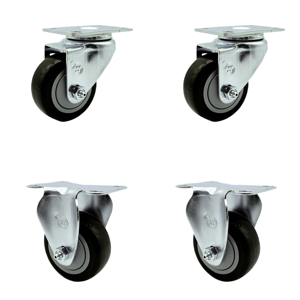 SCC-20S314-PPUB-BLK-TP3-2-R-2 Swivel Caster with 2 Rigid Casters 3 in. Black Polyurethane Wheel 4 x 4.5 in. Overall Top Plate - Set of 4