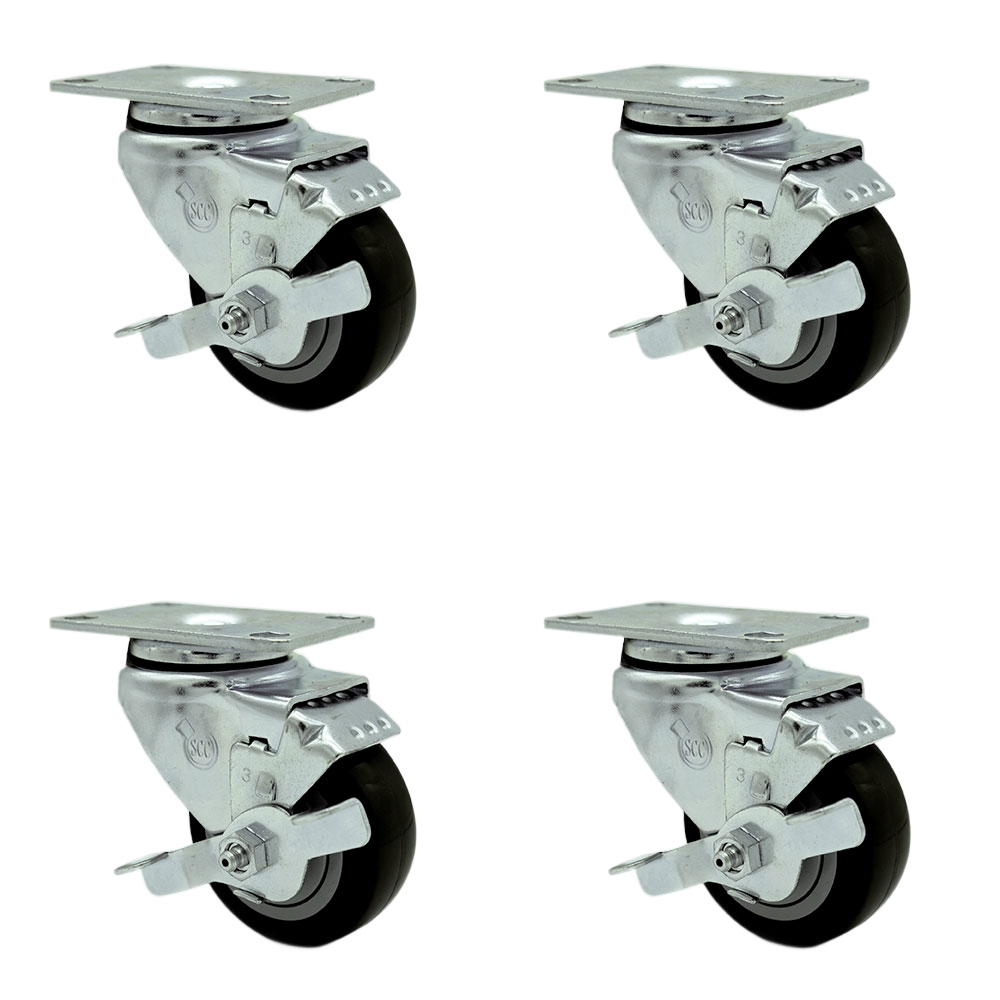 SCC-20S3514-PPUB-BLK-TLB-TP3-4 Swivel Caster with Brakes & 3.5 in. Black Polyurethane Wheel 4 x 4.5 in. Overall Top Plate - Set of 4