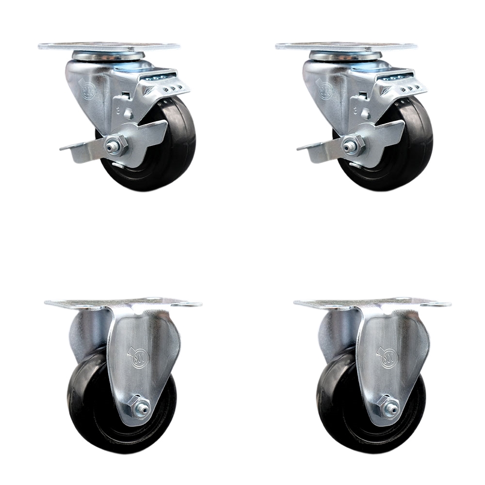 Swivel Caster Set - Hard Rubber - 3.5 in. Wheels - 4 Pack - 2 Brakes