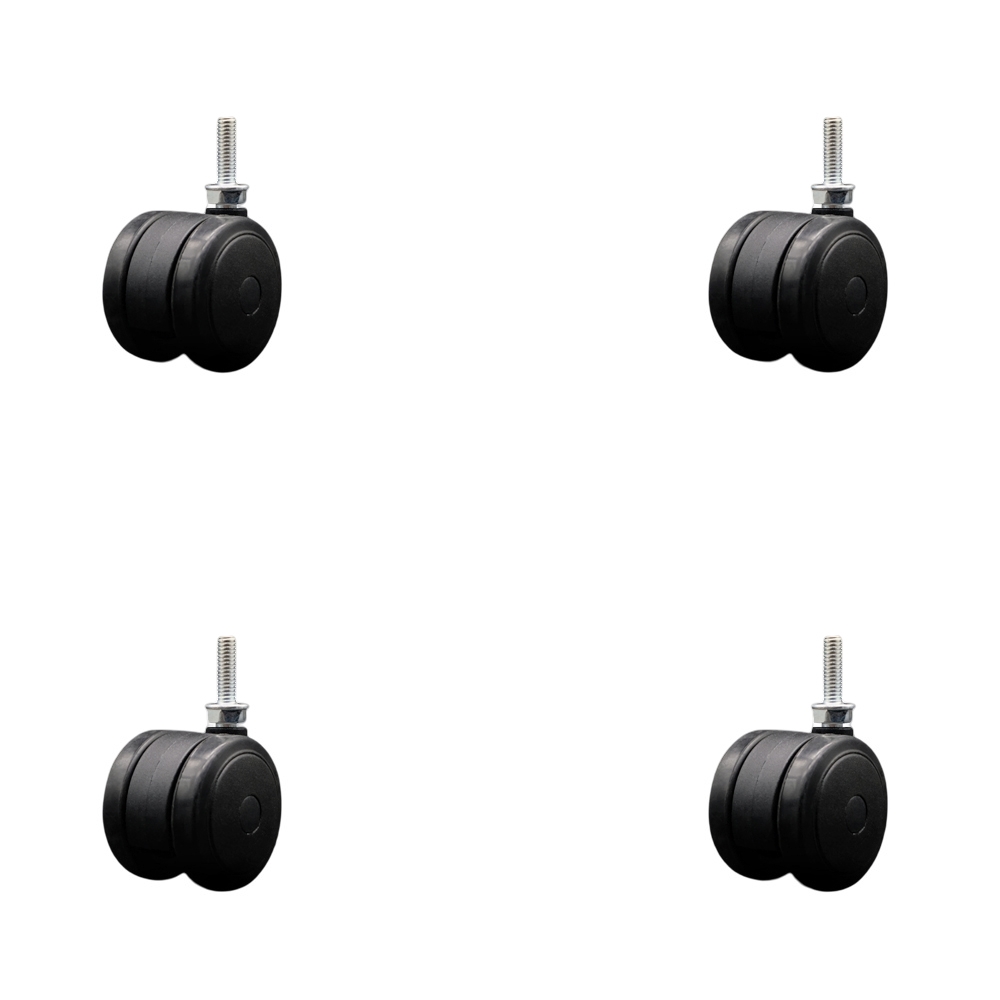 2 in. Floor Safe Office Chair Wheels Black Non-Marking Thermoplastic Rubber Twin Wheels 0.31 in. - 18 TPI x 1 in. Threaded Stems - Set of 4