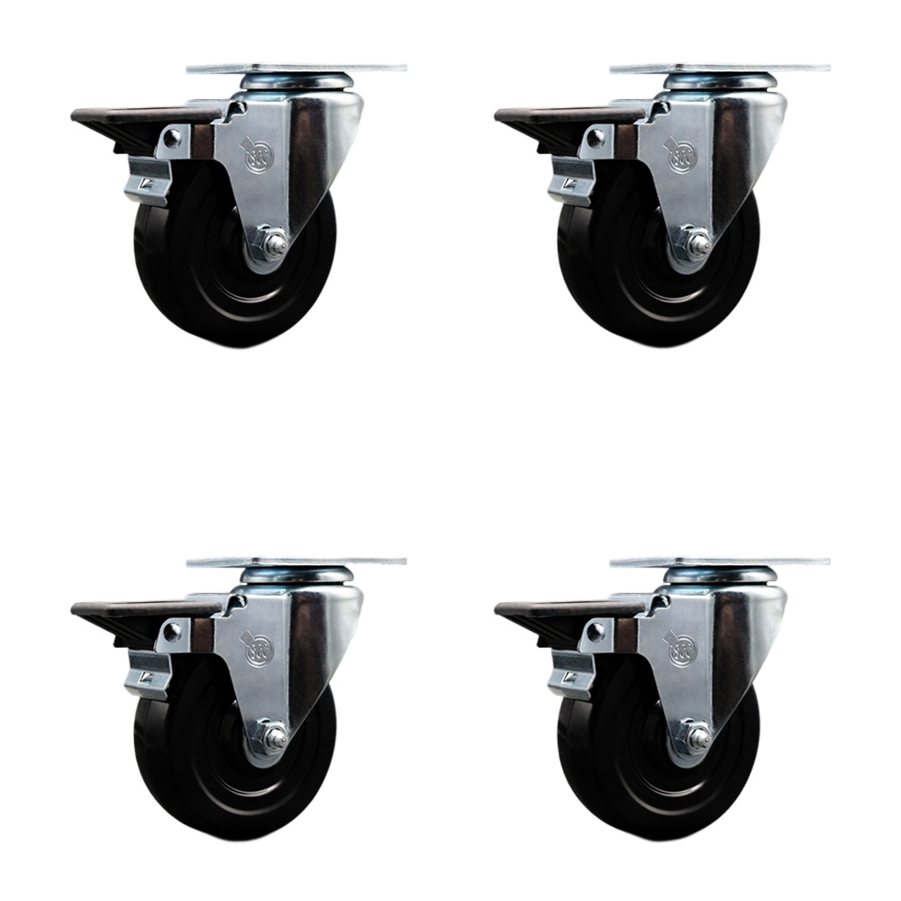 SCC-20S414-HRS-PLB-4 Hard Rubber Swivel Top Plate Caster with 4 in. Black Wheels - Set of 4