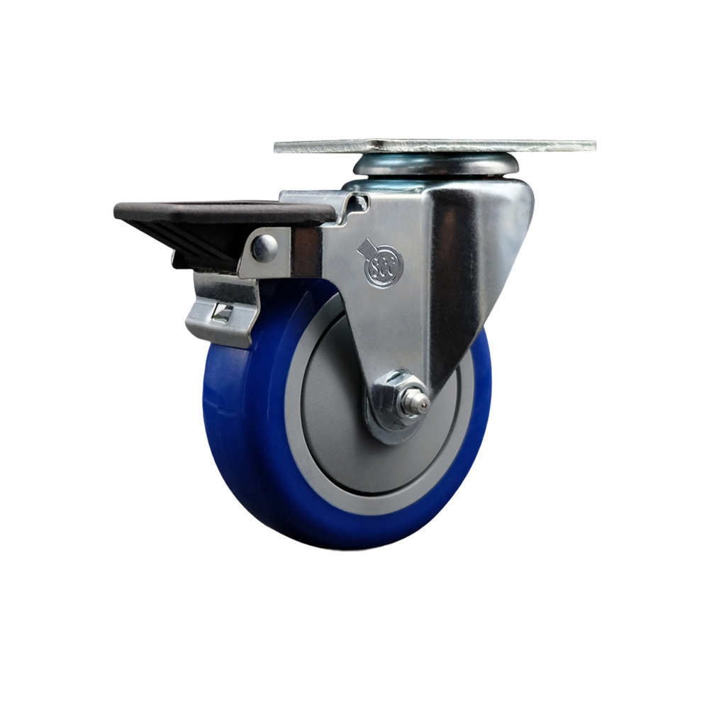 SCC-20S414-PPUB-BLUE-PLB Polyurethane Swivel Top Plate Swivel Caster with 4 in. Blue Wheel & Posi Locking Brake