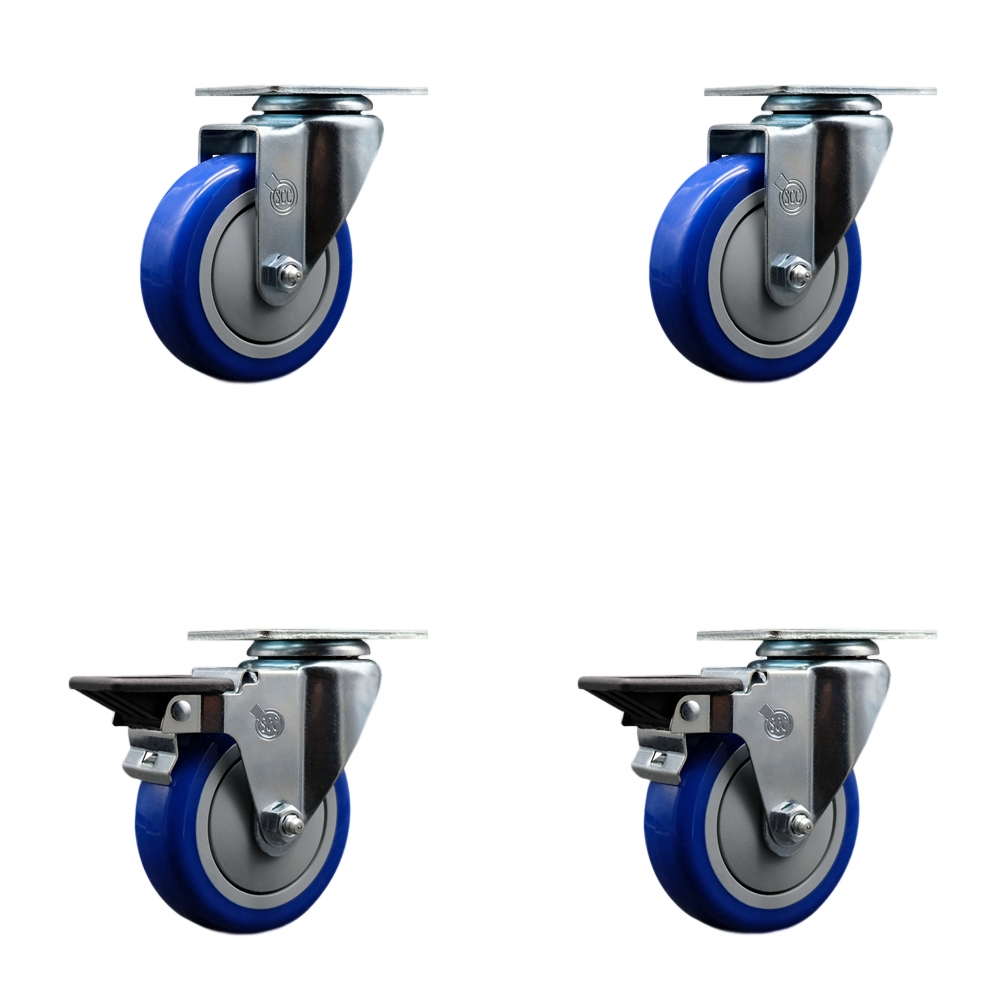 SCC-20S414-PPUB-BLUE-2-PLB-2 Polyurethane Swivel Top Plate Caster with 4 in. Blue Wheels - Set of 4