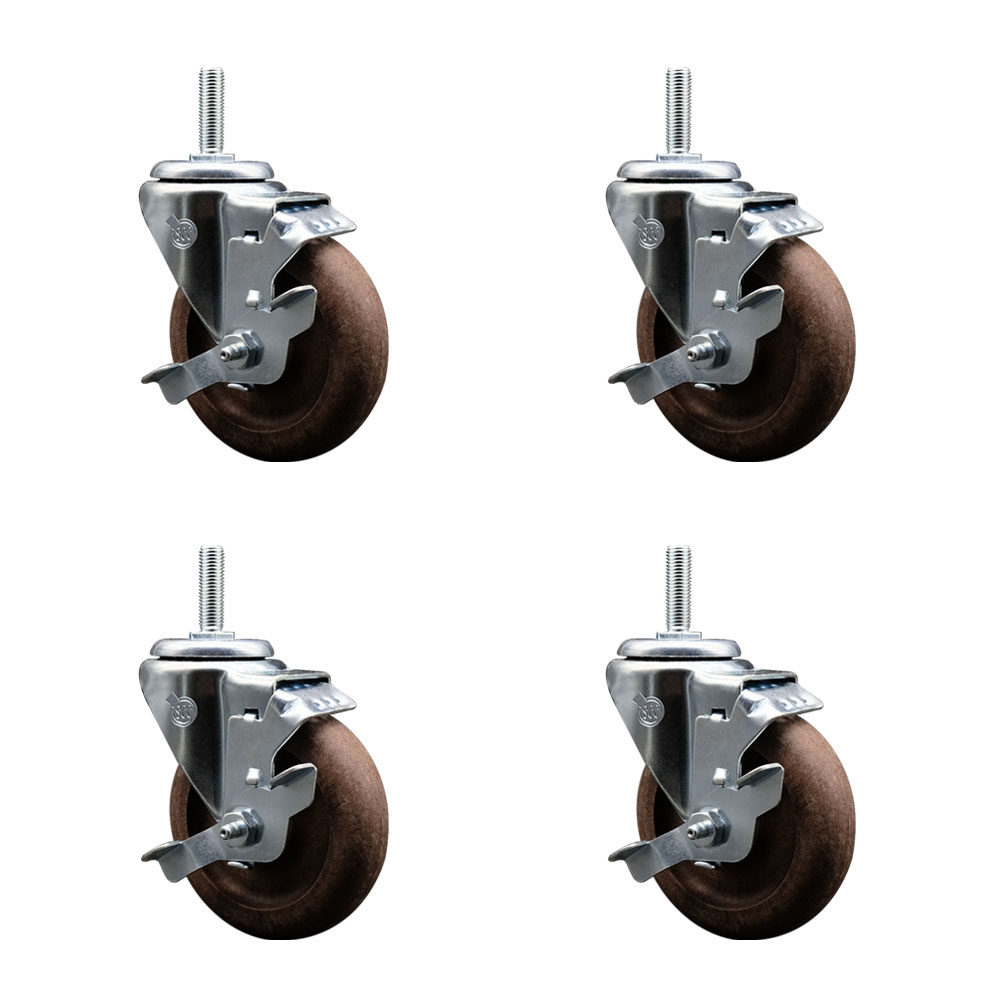 High Temperature Glass Filled Nylon Swivel Threaded Stem Caster with 4 x 1.25 in. Brown Wheels & 0.75 in. Stems - Set of 4