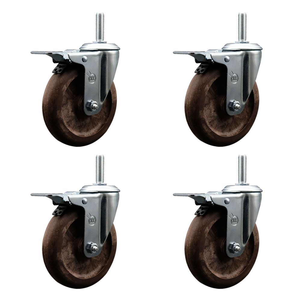 High Temperature Glass Filled Nylon Swivel Threaded Stem Caster with 5 x 1.25 in. Brown Wheels & 0.75 in. Stems - Set of 4