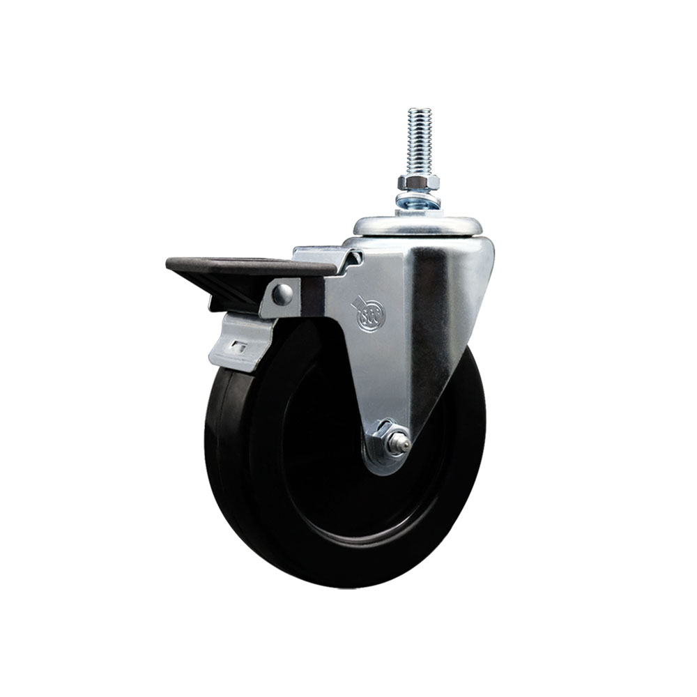 SCC-TS20S514-HRS-PLB-381615 Hard Rubber Swivel Threaded Stem Caster with 5 x 1.25 in. Black Wheel & 0.38 in. Stem & Posi Locking Brake