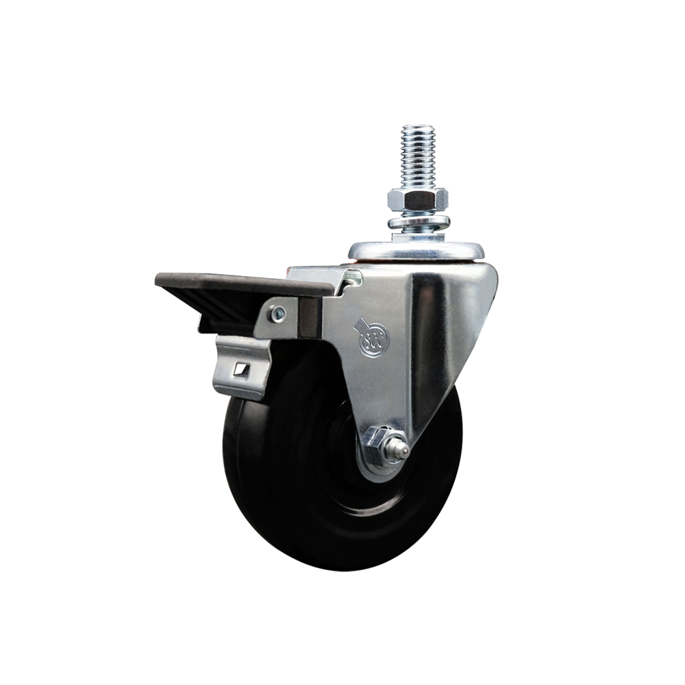 SCC-TS20S414-HRS-PLB-M1015 Hard Rubber Swivel Threaded Stem Caster with 4 x 1.25 in. Black Wheel & 10 mm Stem & Posi Locking Brake