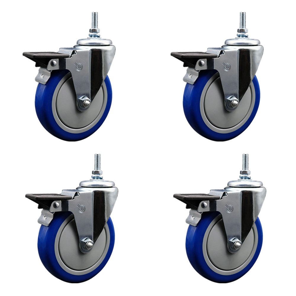 SCC-TS20S514-PPUB-BLUE-PLB-381615-4 Polyurethane Swivel Threaded Stem Caster with 5 x 1.25 in. Blue Wheels & 0.38 in. Stems - Set of 4