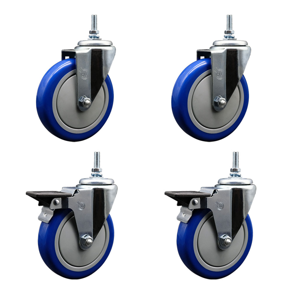 SCC-TS20S514-PPUB-BLUE-381615-2-PLB2 Polyurethane Swivel Threaded Stem Caster with 5 x 1.25 in. Blue Wheels & 0.38 in. Stems - Set of 4