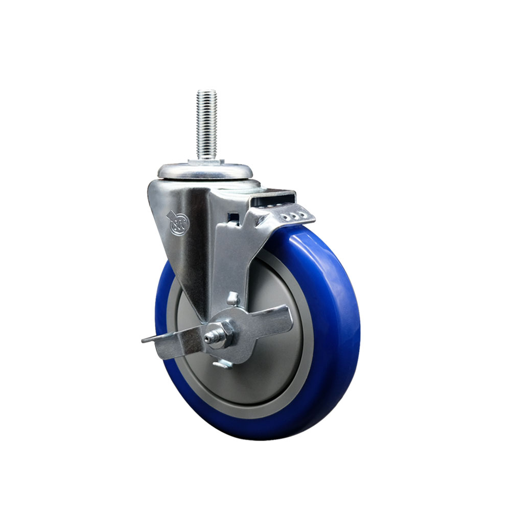 SCC-TS20S514-PPUB-BLUE-TLB-58212 Polyurethane Swivel Threaded Stem Caster with 5 x 1.25 in. Blue Wheel & 0.63 in. Stem & Top Locking Brake