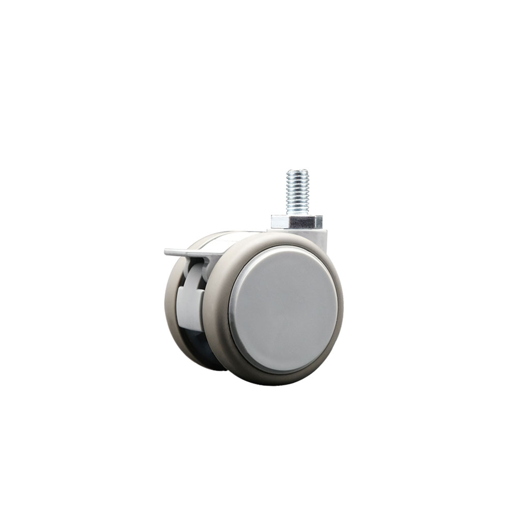 2 in. MRI Safe Swivel Caster with Brake Quiet Non-Marking Gray Thermoplastic Rubber Twin Wheels 0.38 in. 16 TPI x 0.75 in. Threaded Stem