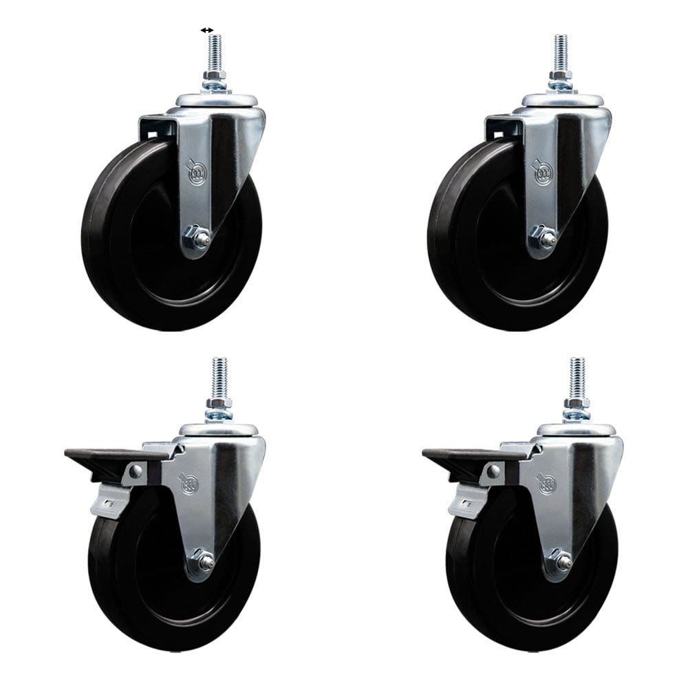 SCC-TS20S514-HRS-381615-2-PLB-2 Hard Rubber Swivel Threaded Stem Caster with 5 x 1.25 in. Black Wheels & 0.38 in. Stems - Set of 4