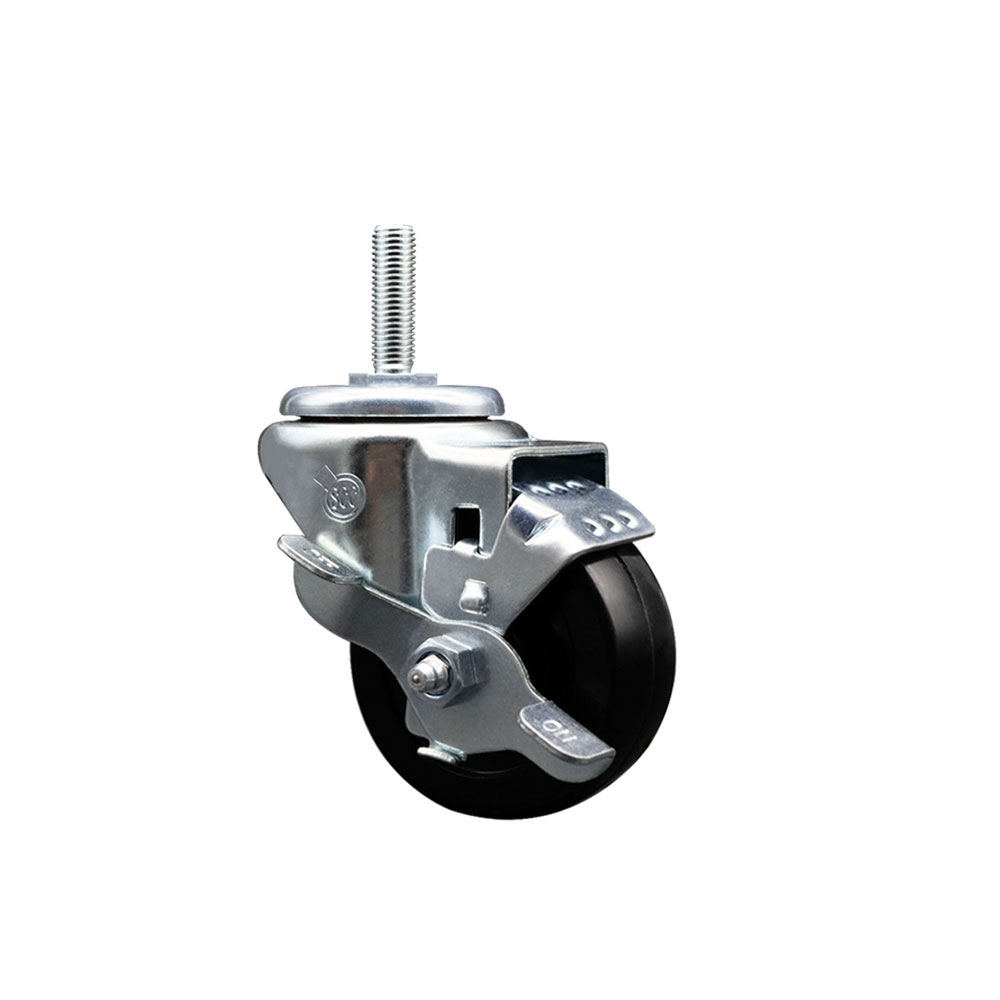SCC-TS20S314-HRS-TLB-58212 Hard Rubber Swivel Threaded Stem Caster with 3 x 1.25 in. Black Wheel & 0.63 in. Stem & Top Locking Brake