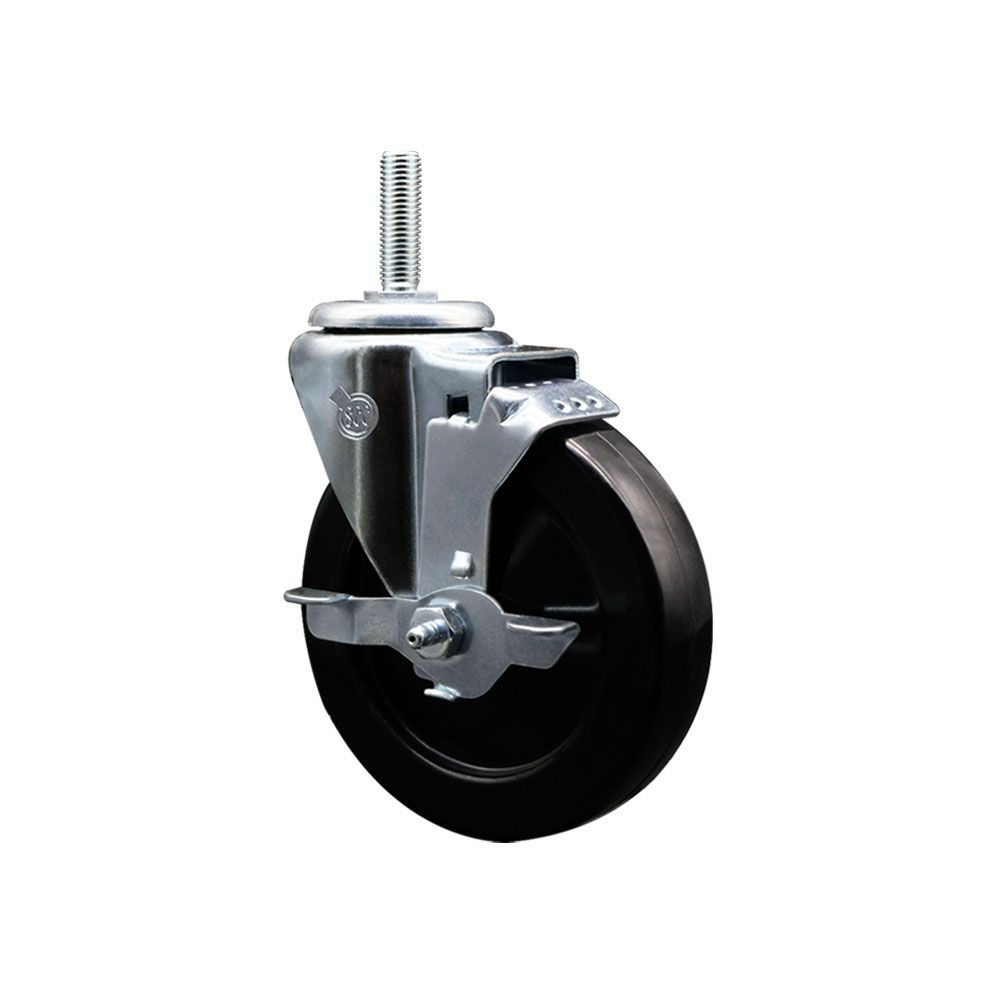 SCC-TS20S514-HRS-TLB-58212 Hard Rubber Swivel Threaded Stem Caster with 5 x 1.25 in. Black Wheel & 0.63 in. Stem & Top Locking Brake