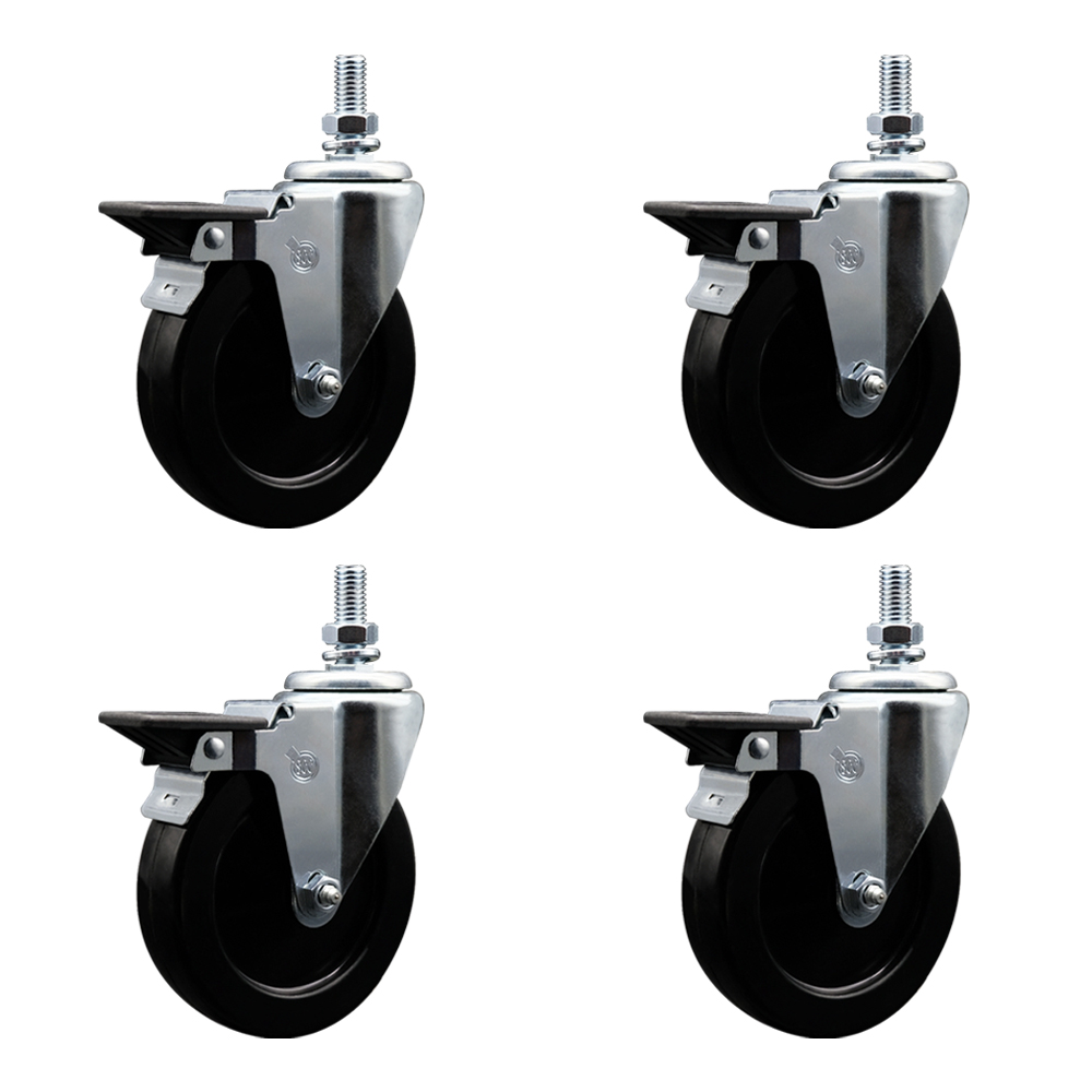 SCC-TS20S514-HRS-PLB-M1015-4 Hard Rubber Swivel Threaded Stem Caster with 5 x 1.25 in. Black Wheels & 10 mm Stems - Set of 4