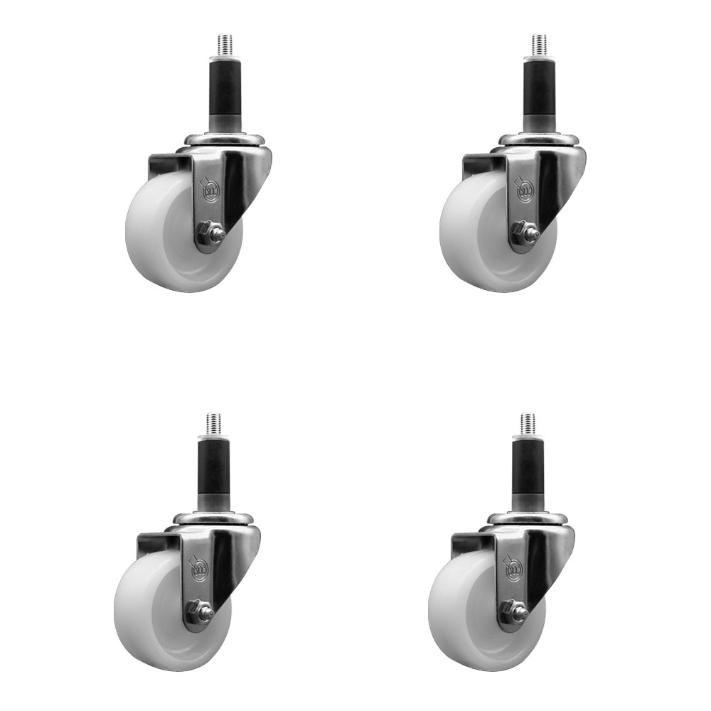 SCC-SSEX20S314-NYS-118-4 Stainless Steel Nylon Swivel Expanding Stem Caster with 3 in. White Wheels & 1.13 in. Stems - Set of 4