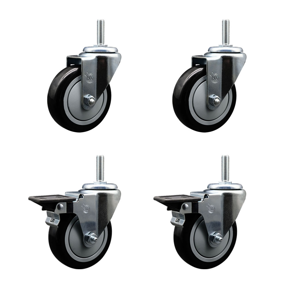 SCC-TS20S414-PPUB-BLK-58212-2-PLB-2 Polyurethane Swivel Threaded Stem Caster with 4 x 1.25 in. Black Wheels & 0.63 in. Stems - Set of 4