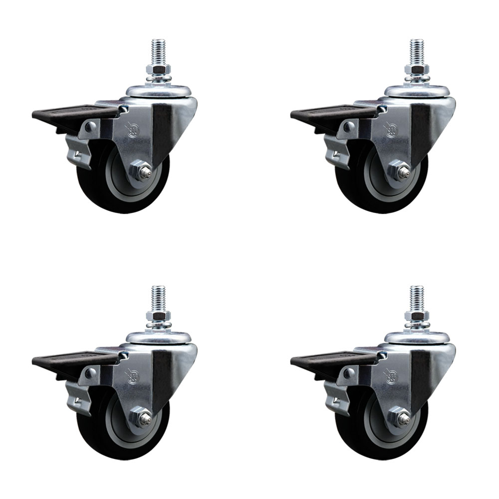 SCC-TS20S314-PPUB-BLK-PLB-M1015-4 Polyurethane Swivel Threaded Stem Caster with 3 x 1.25 in. Black Wheels & 10 mm Stems - Set of 4