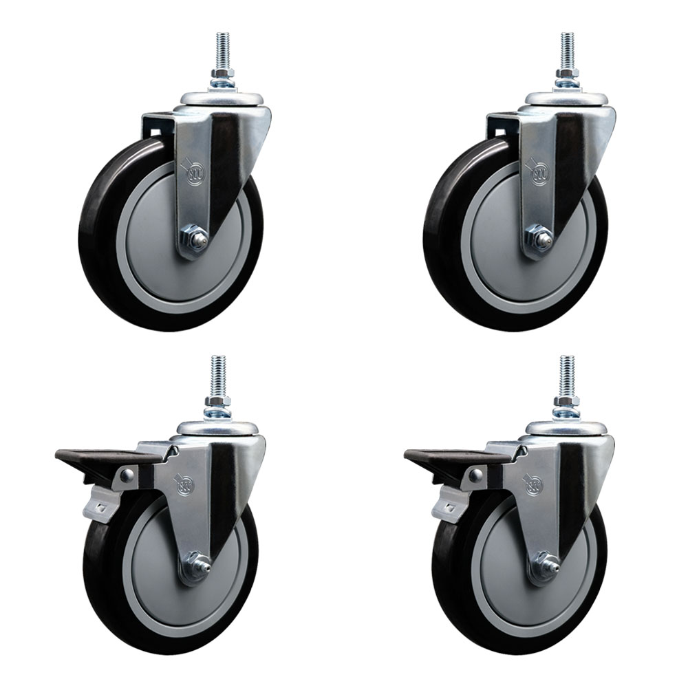 SCC-TS20S514-PPUB-BLK-M1215-2-PLB-2 Polyurethane Swivel Threaded Stem Caster with 5 x 1.25 in. Black Wheels & 12 mm Stems - Set of 4
