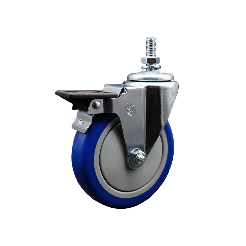 SCC-TS20S514-PPUB-BLUE-PLB-M1015 Polyurethane Swivel Threaded Stem Caster with 5 x 1.25 in. Blue Wheel & 10 mm Stem & Posi Locking Brake
