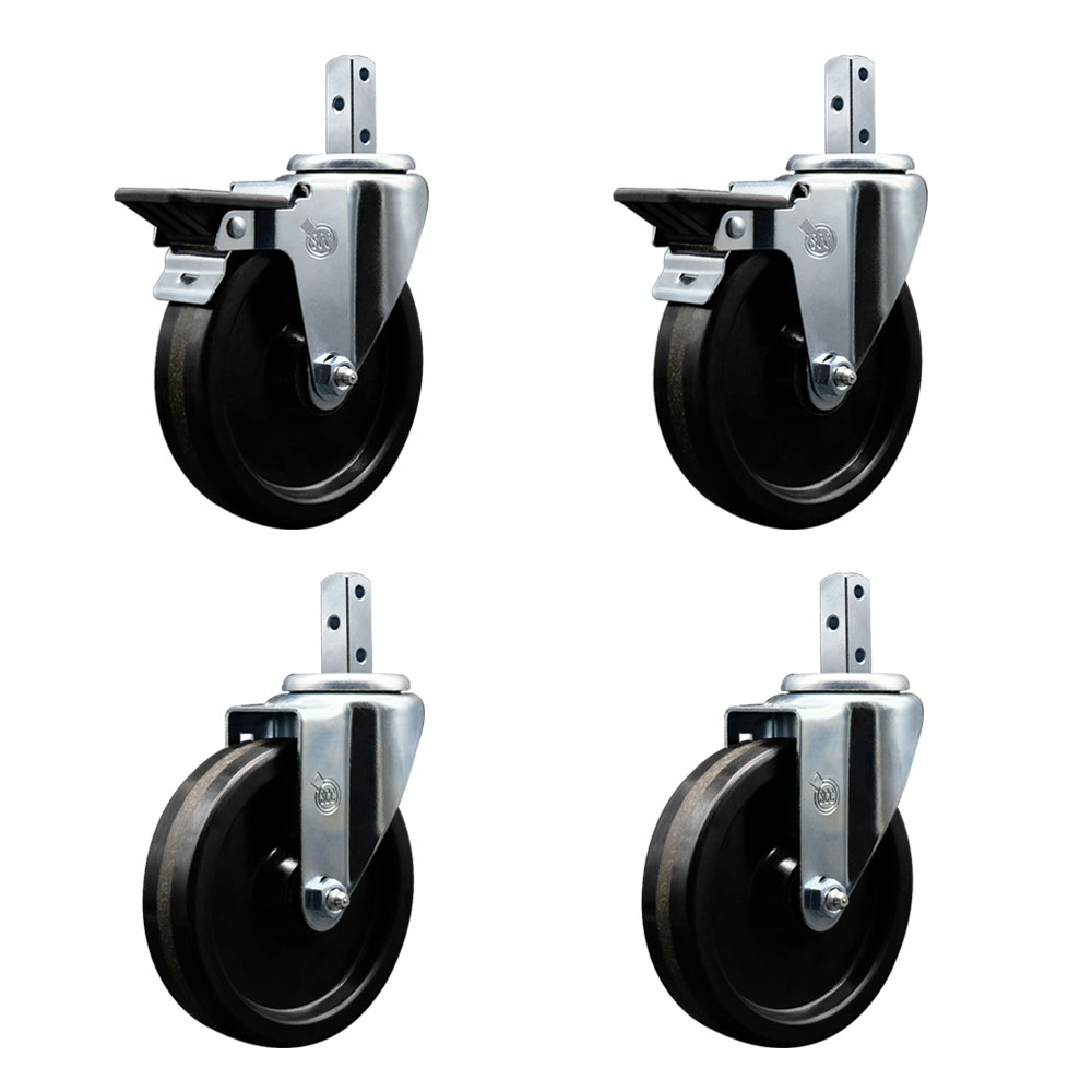 Swivel Square Stem Caster with 5 x 1.25 in. Black Phenolic Wheel, 0.75 x 2 in. Square Stem with 3 0.26 in. Diameter Mounting Holes - Set of 4