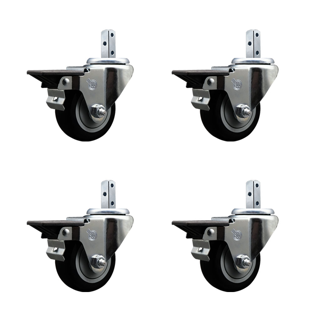 Swivel Square Stem Caster with 3 x 1.25 in. Black Poly Wheel, 0.87 x 2 in. Square Stem with 3 0.26 in. Diameter Mounting Holes - Set of 4