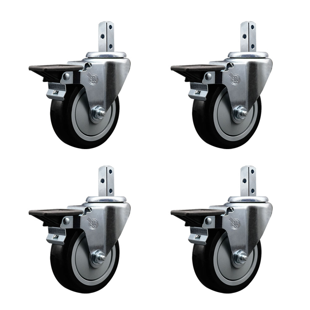 Swivel Square Stem Caster with 4 x 1.25 in. Black Poly Wheel, 0.87 x 2 in. Square Stem with 3 0.26 in. Diameter Mounting Holes - Set of 4