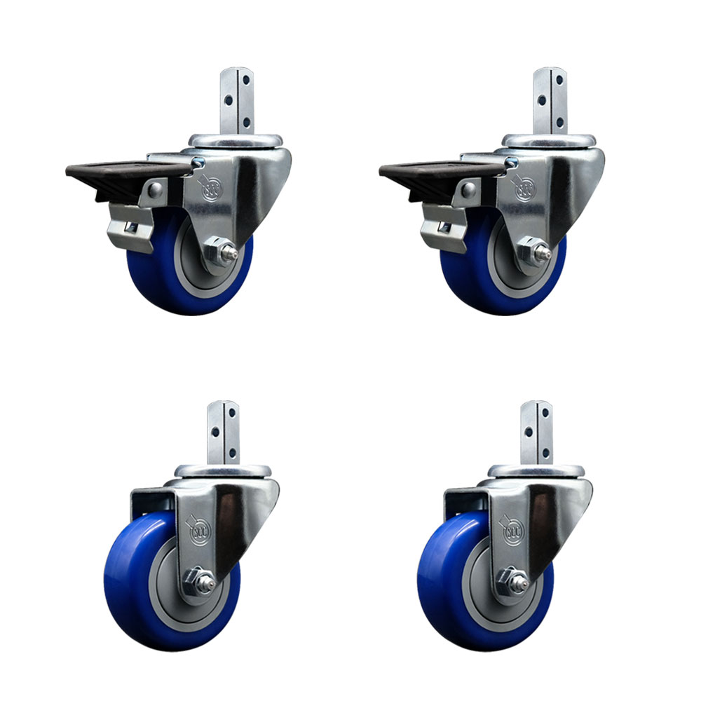 Swivel Square Stem Caster with 3 x 1.25 in. Blue Poly Wheel, 0.75 x 2 in. Square Stem with 3 0.26 in. Diameter Mounting Holes - Set of 4