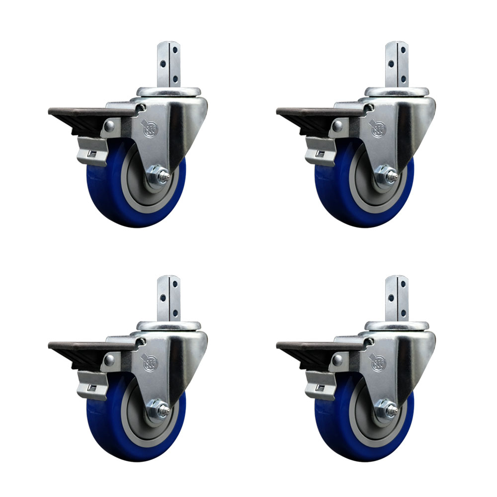 Swivel Square Stem Caster with 3.5 x 1.25 in. Blue Poly Wheel, 0.75 x 2 in. Square Stem with 3 0.26 in. Diameter Mounting Holes - Set of 4